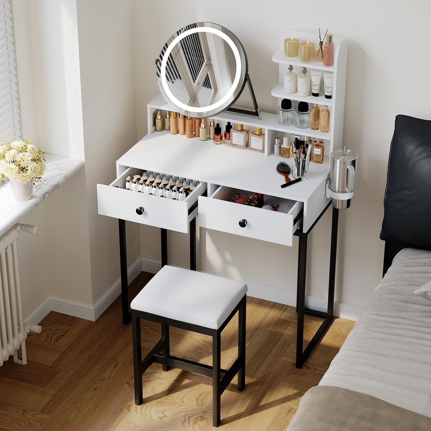 Small  Desk with Mirror for Bedroom: Compact Makeup Table Set with Lights - 31.5 Inch White Dresser Vanities with Chair for Girls