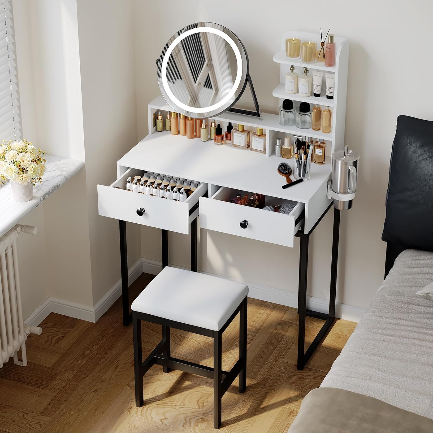 Small  Desk with Mirror for Bedroom: Compact Makeup Table Set with Lights - 31.5 Inch White Dresser Vanities with Chair for Girls