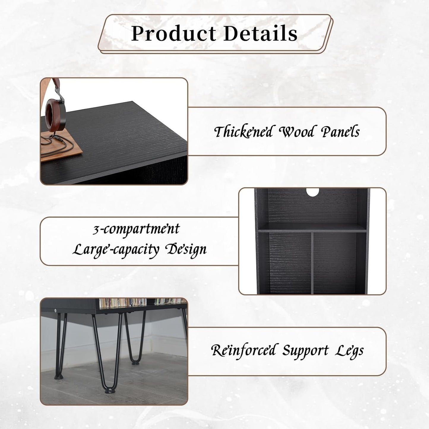 Record Player Stand, Turntable Stand Vinyl Record Storage Cabinet with Metal Legs, End Table Holds up to 120 Albums for Living Room, Bedroom, Office (Black)