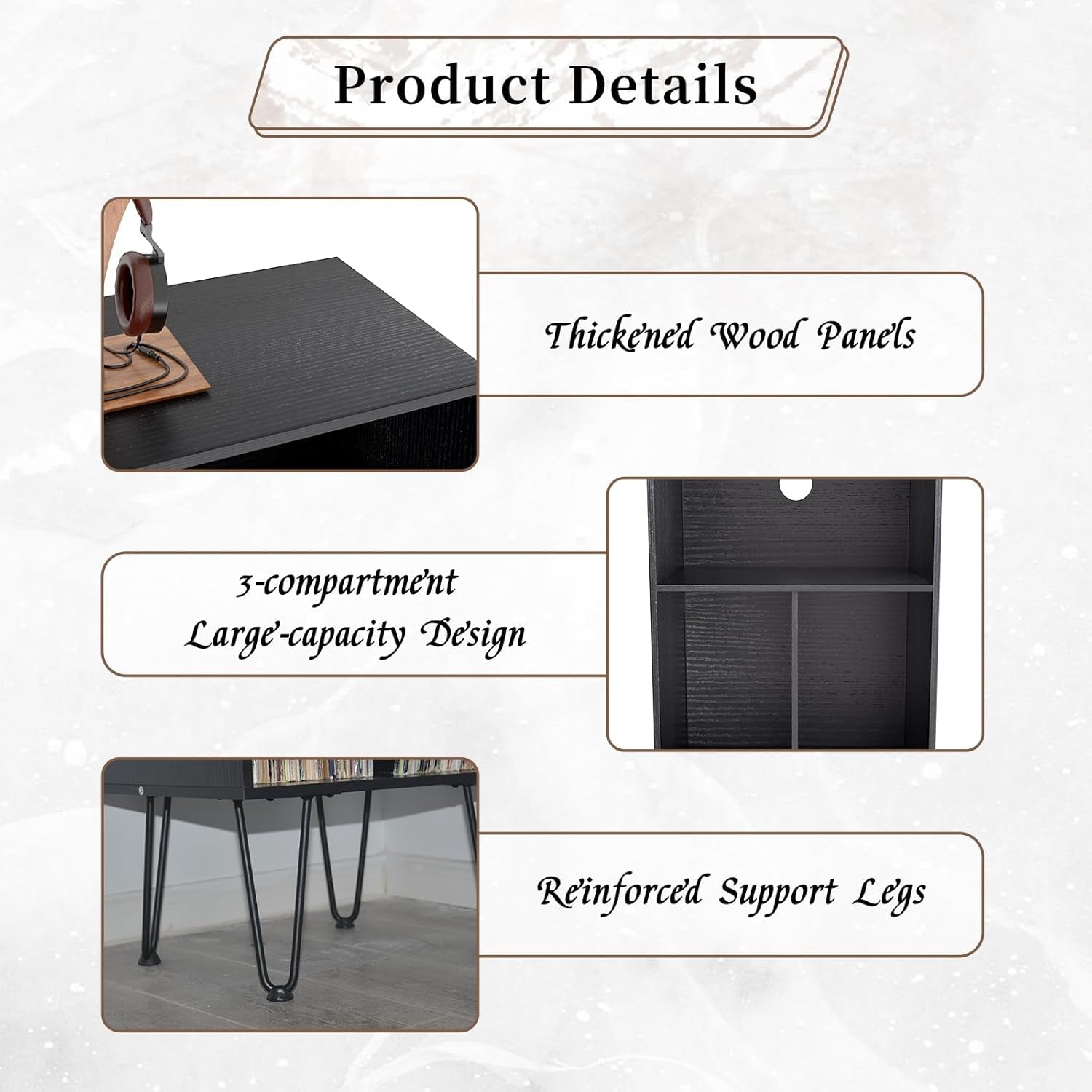 Record Player Stand, Turntable Stand Vinyl Record Storage Cabinet with Metal Legs, End Table Holds up to 120 Albums for Living Room, Bedroom, Office (Black)