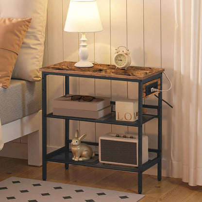 End Table, 3-Tier Narrow Side Table with Charging Station, Nightstand with 2 Flat or Slant Adjustable Shelves for Small Spaces, Living Room, Bedroom, Rustic Brown and Black BF23UBZ01G1