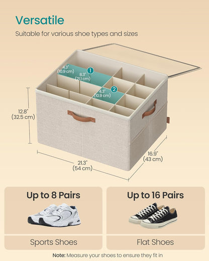 Shoe Organizer for Closet, Shoe Storage Bin, Fits 16 Pairs, Fabric Container with Handles and Clear Cover, Adjustable Dividers, Customizable, Cappuccino Beige ULSP555K01
