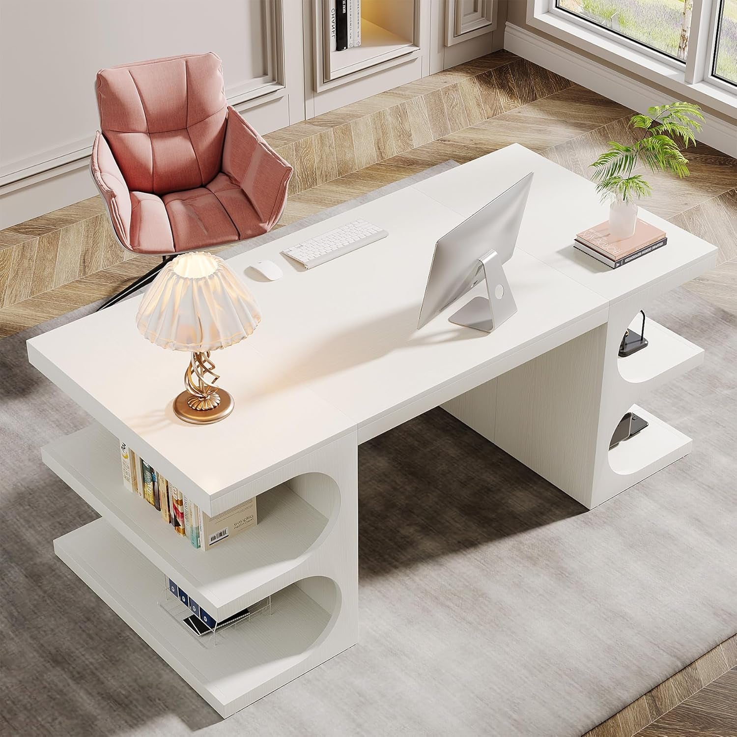 Modern Executive Office Desk, 63-Inch Large Computer Home Office Desk with Storage Shelves, Wood Study Writing Table, Workstation Business Furniture, White
