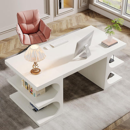 Modern Executive Office Desk, 63-Inch Large Computer Home Office Desk with Storage Shelves, Wood Study Writing Table, Workstation Business Furniture, White