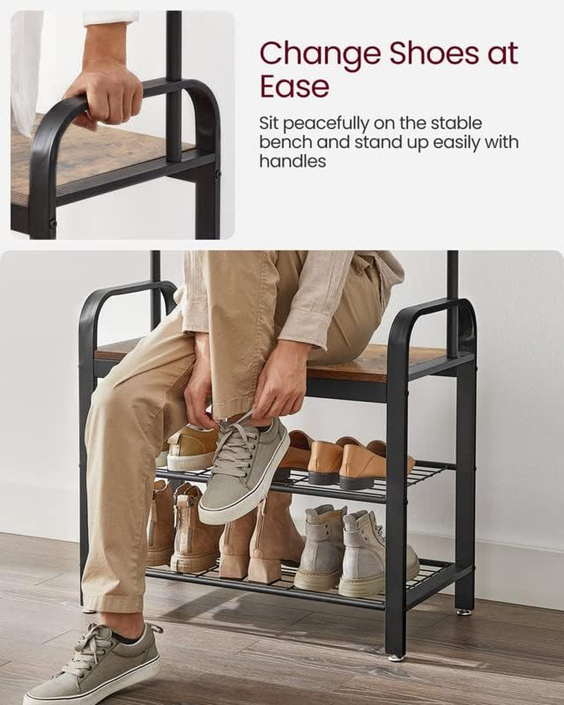 Coat Rack, Hall Tree with Shoe Bench for Entryway, Entryway Bench with Coat Rack, 4-In-1, with 9 Removable Hooks, a Hanging Rod, 13.3 X 33.1 X 72.1 Inches, Greige and Black UHSR400B02