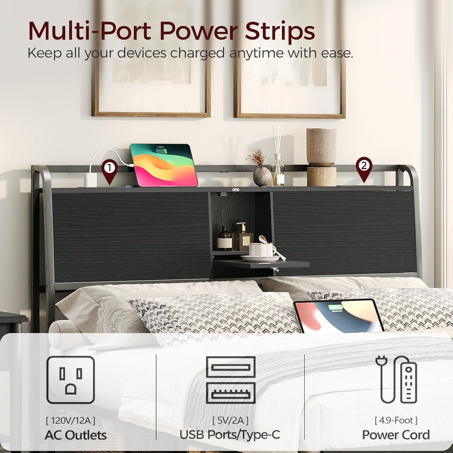 Headboard Queen Size Only, Headboard with 2 Power Strips, Industrial Head Board with Flip Door and Bed Frame Adapter, Height Adjustable, Black
