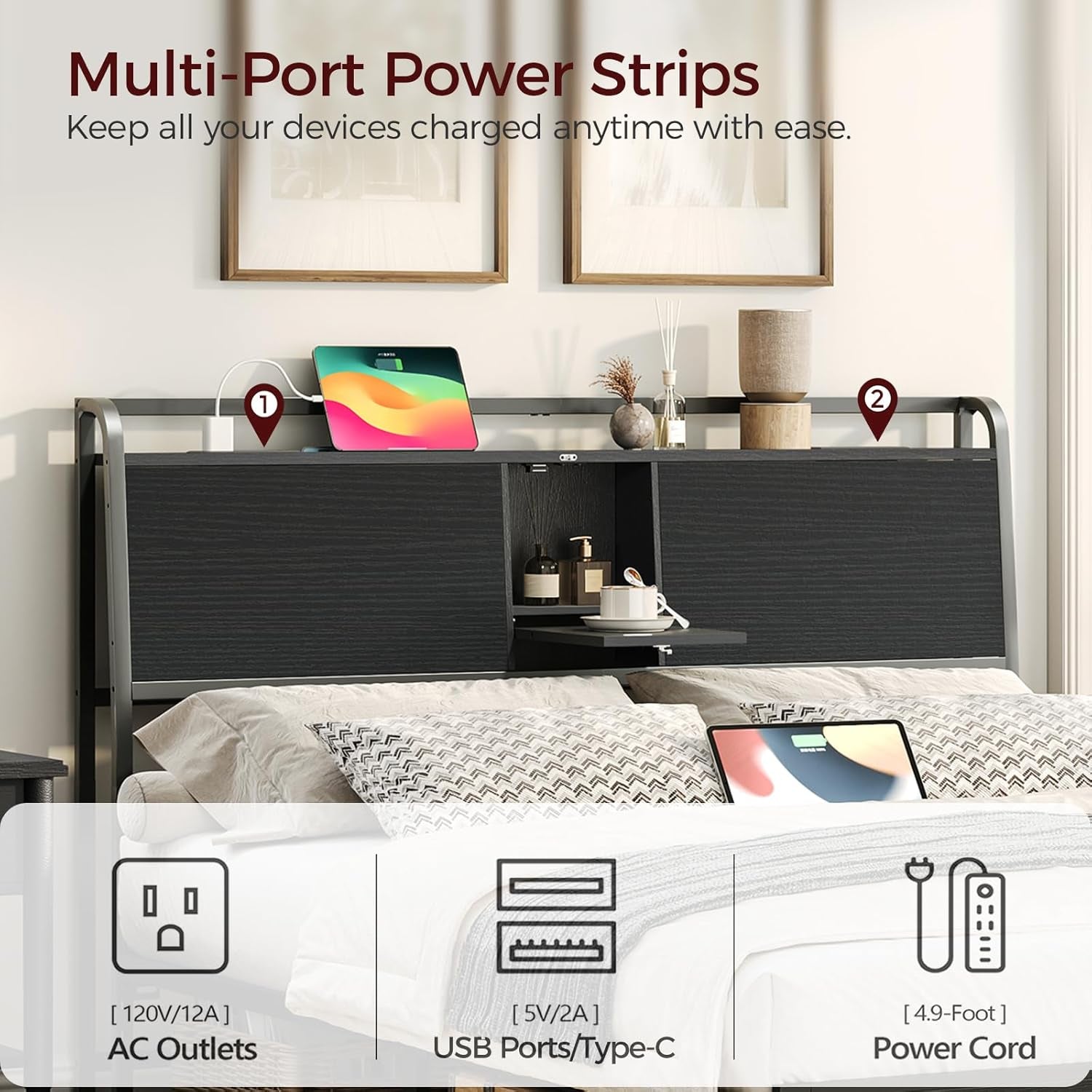 Headboard Queen Size Only, Headboard with 2 Power Strips, Industrial Head Board with Flip Door and Bed Frame Adapter, Height Adjustable, Black