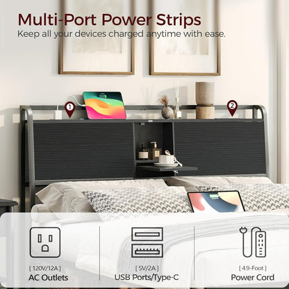 Headboard Queen Size Only, Headboard with 2 Power Strips, Industrial Head Board with Flip Door and Bed Frame Adapter, Height Adjustable, Black