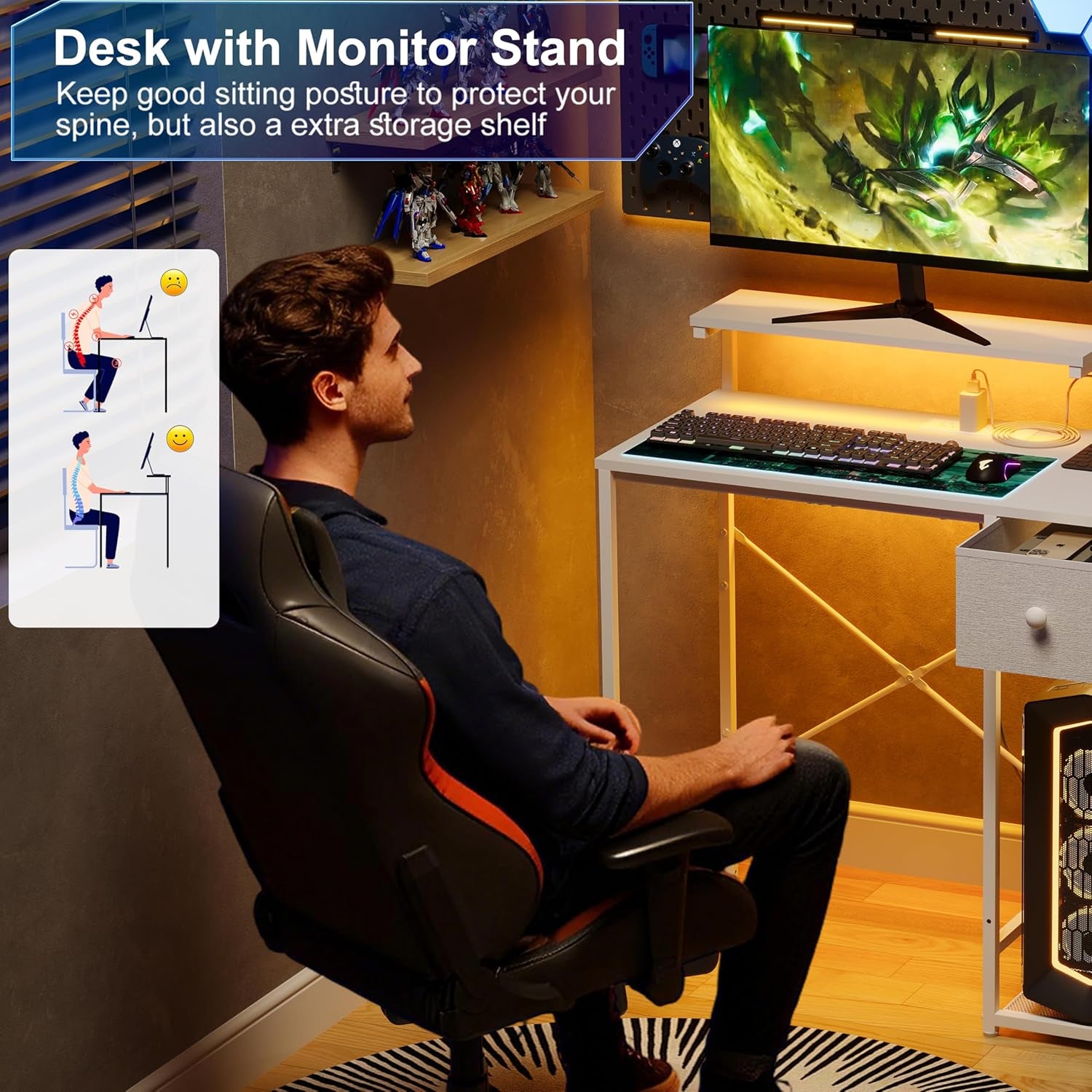 33.5" Small Gaming Desk with LED Lights & Power Outlets, Compact Computer Desk with Monitor Stand & CPU Stand, Gamer Table with Storage Drawer, Side Hooks for Home Office, Bedroom, White