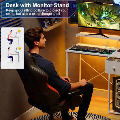33.5" Small Gaming Desk with LED Lights & Power Outlets, Compact Computer Desk with Monitor Stand & CPU Stand, Gamer Table with Storage Drawer, Side Hooks for Home Office, Bedroom, White