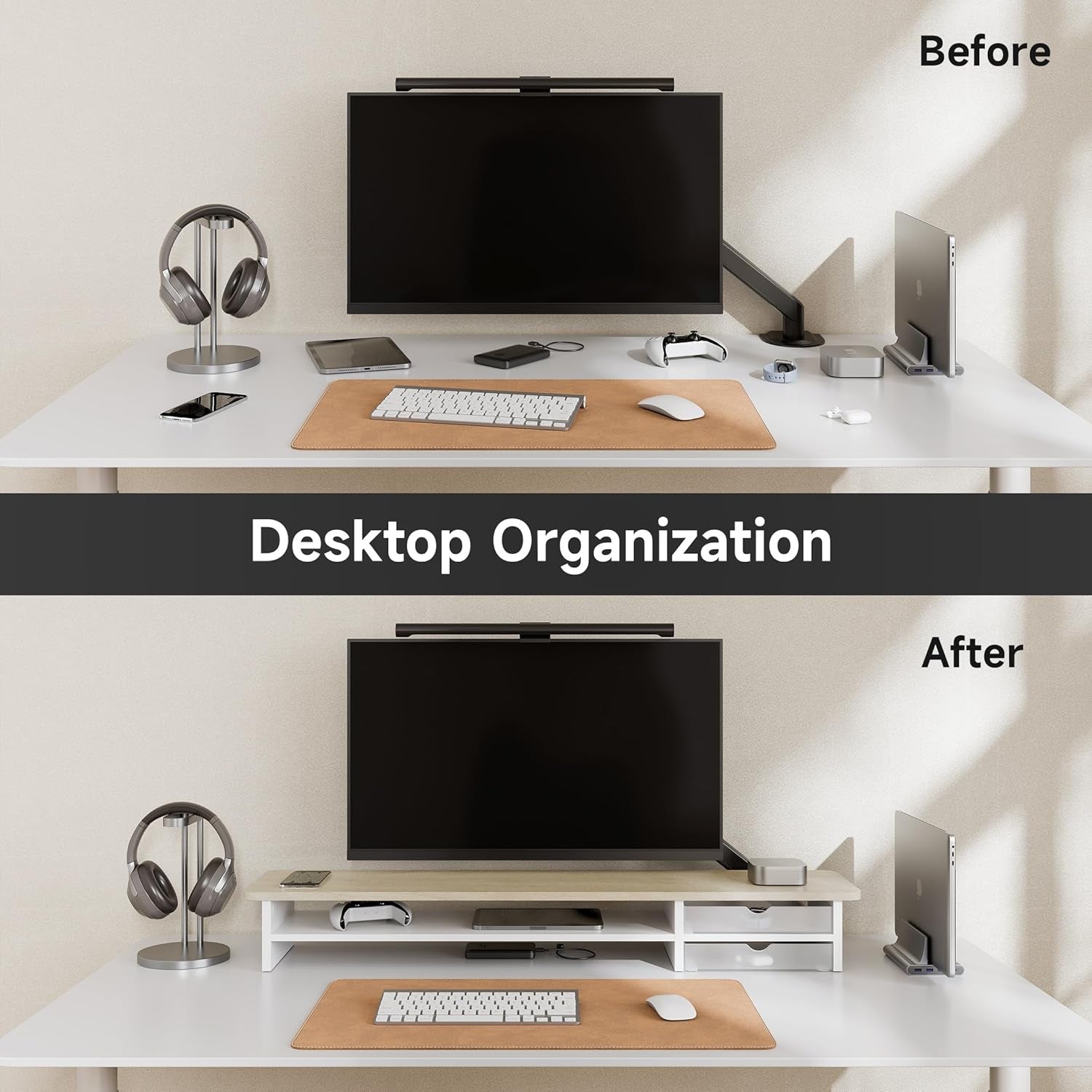 Monitor Stand, Dual Monitor Riser, 42.5Inch Large Desk Computer Monitor Stand Riser with Drawer, 2 Tier Wood & Acrylic Desktop Organizer for Computer, Laptop, Printer, TV Screen Riser