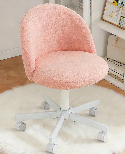 Pink Vanity Chair with Wheels - Swivel Makeup Chair Small Computer Chair with Back Adjustable Height Desk Chair for Girl & Woman, Cozy Fuzzy Velvet Chair for Bedroom & Home Office