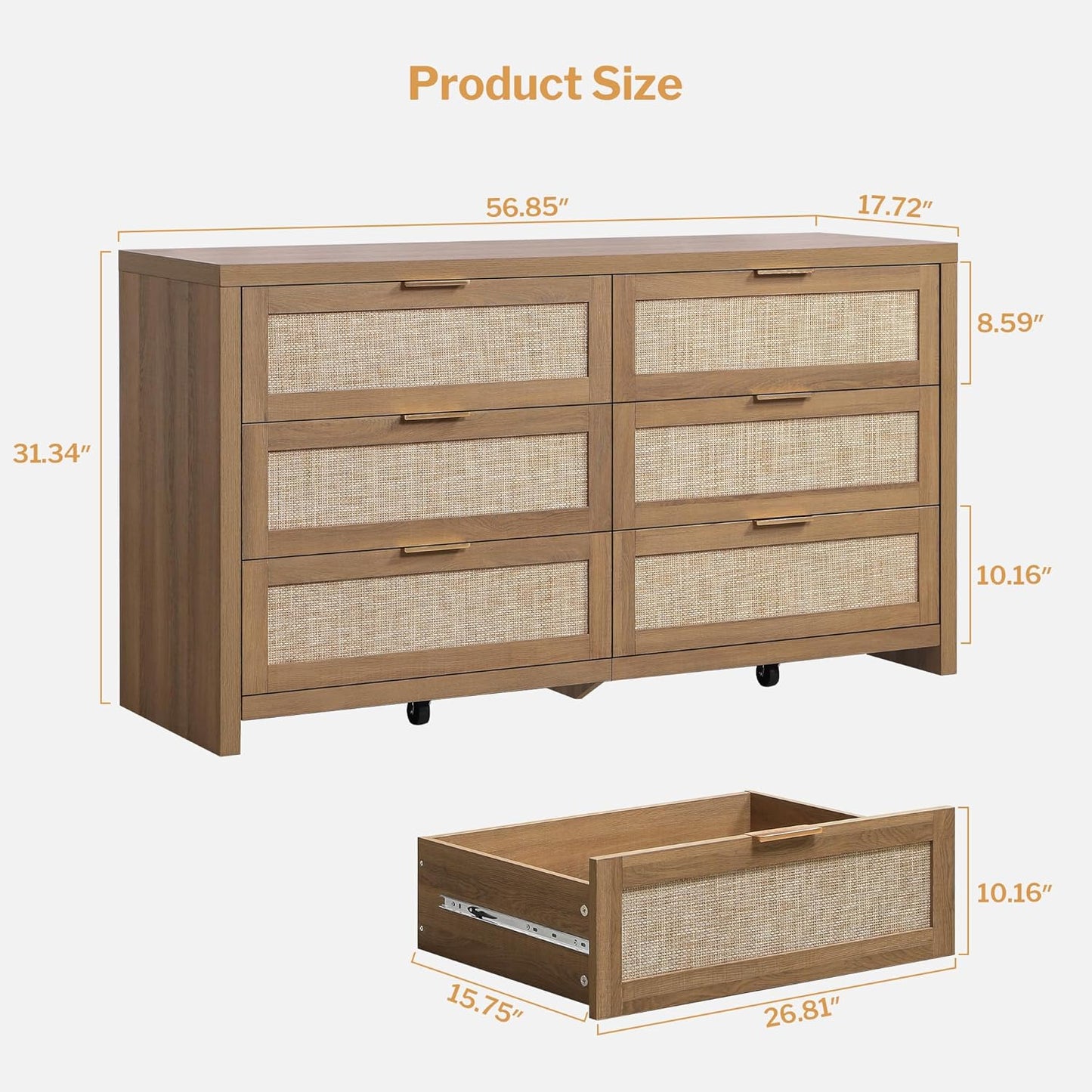 Rattan Dresser for Bedroom, 56.9" Wide 6 Drawer Dresser with Ample Storage, Dressers Large Chest of Drawers, Closet, Boho TV Stand for Bedroom (Reclaimed Caramel Oak, 1 Piece)