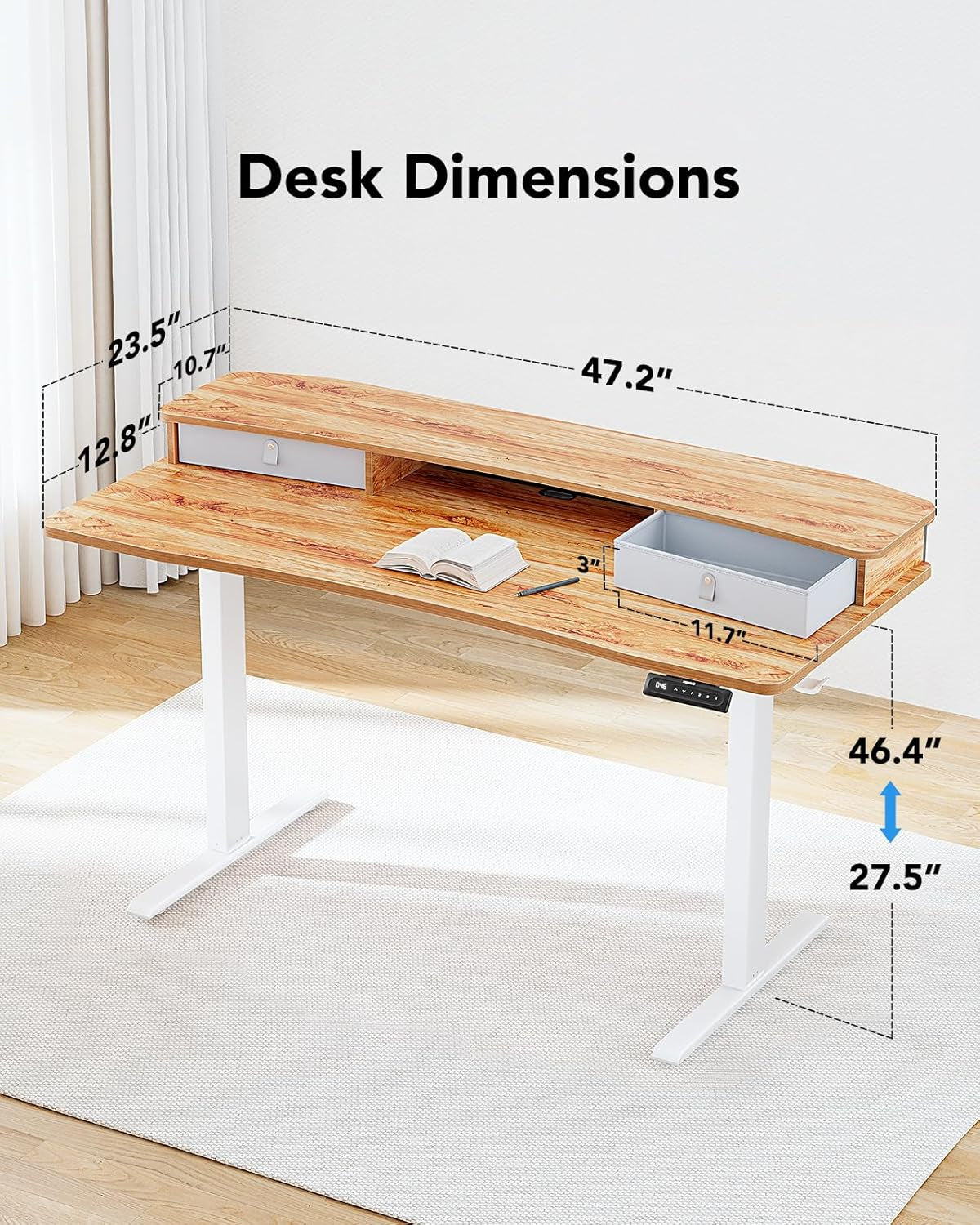 48″ X 24″ Electric Standing Desk with 2 Drawers, C-Clamp Mount Compatible, Height Adjustable Computer Desk, Home Office Stand up Desk with 4 Preset Heights & 2 Hooks, Walnut
