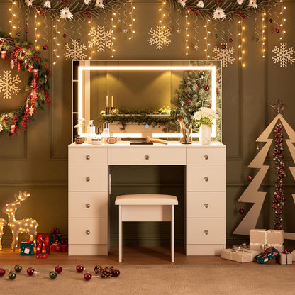 Vanity with Mirror and Lights - Vanity Desk with Power Outlet and 9 Drawers, 3 Color Lighting Modes, Adjustable Brightness, Makeup Vanity with Soft Cushioned Stool for Bedroom, White 43“L