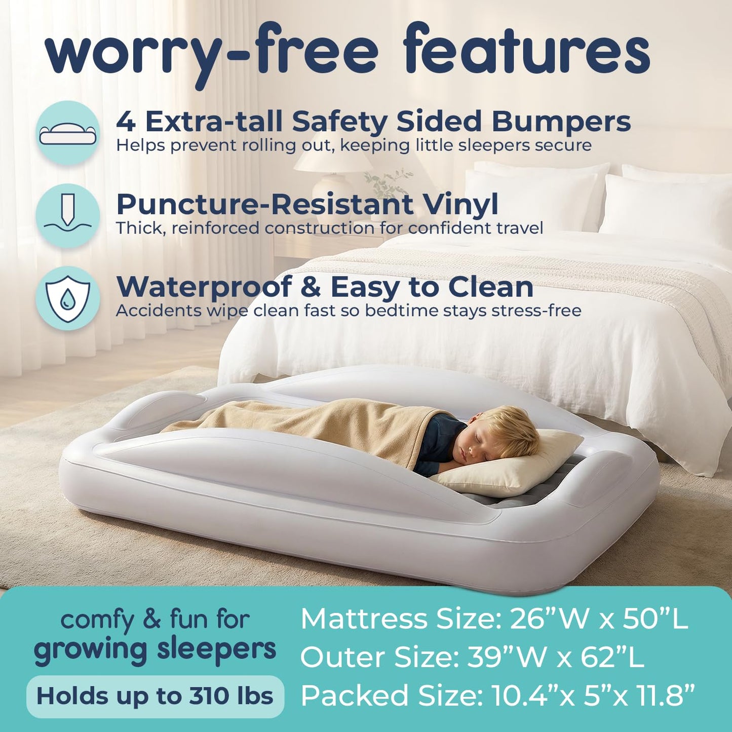 Inflatable Toddler Travel Bed with Safety Bumpers [4-Sided], Portable Toddler Bed for Kids, Toddler Air Mattress, Kids Air Mattress - Grey