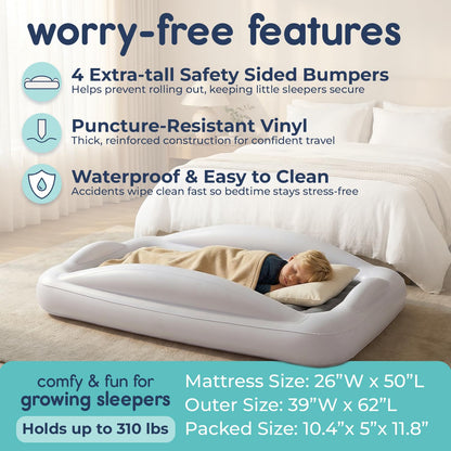 Inflatable Toddler Travel Bed with Safety Bumpers [4-Sided], Portable Toddler Bed for Kids, Toddler Air Mattress, Kids Air Mattress - Grey