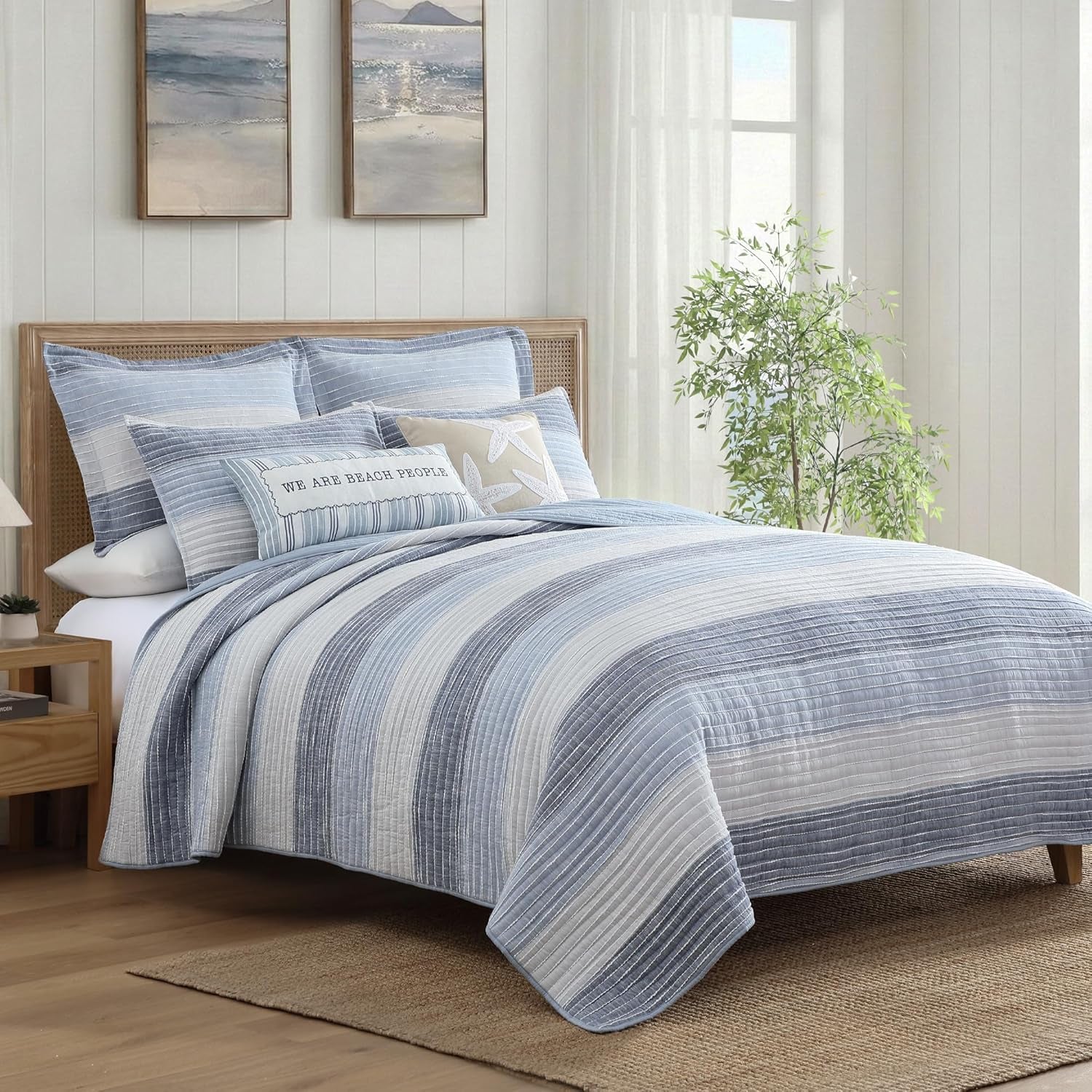 – Sand Stripes Blue King Pillow Sham Set of 2 – 20X36In – Textured Stripe – Blue and White – Cotton – Tie Closure