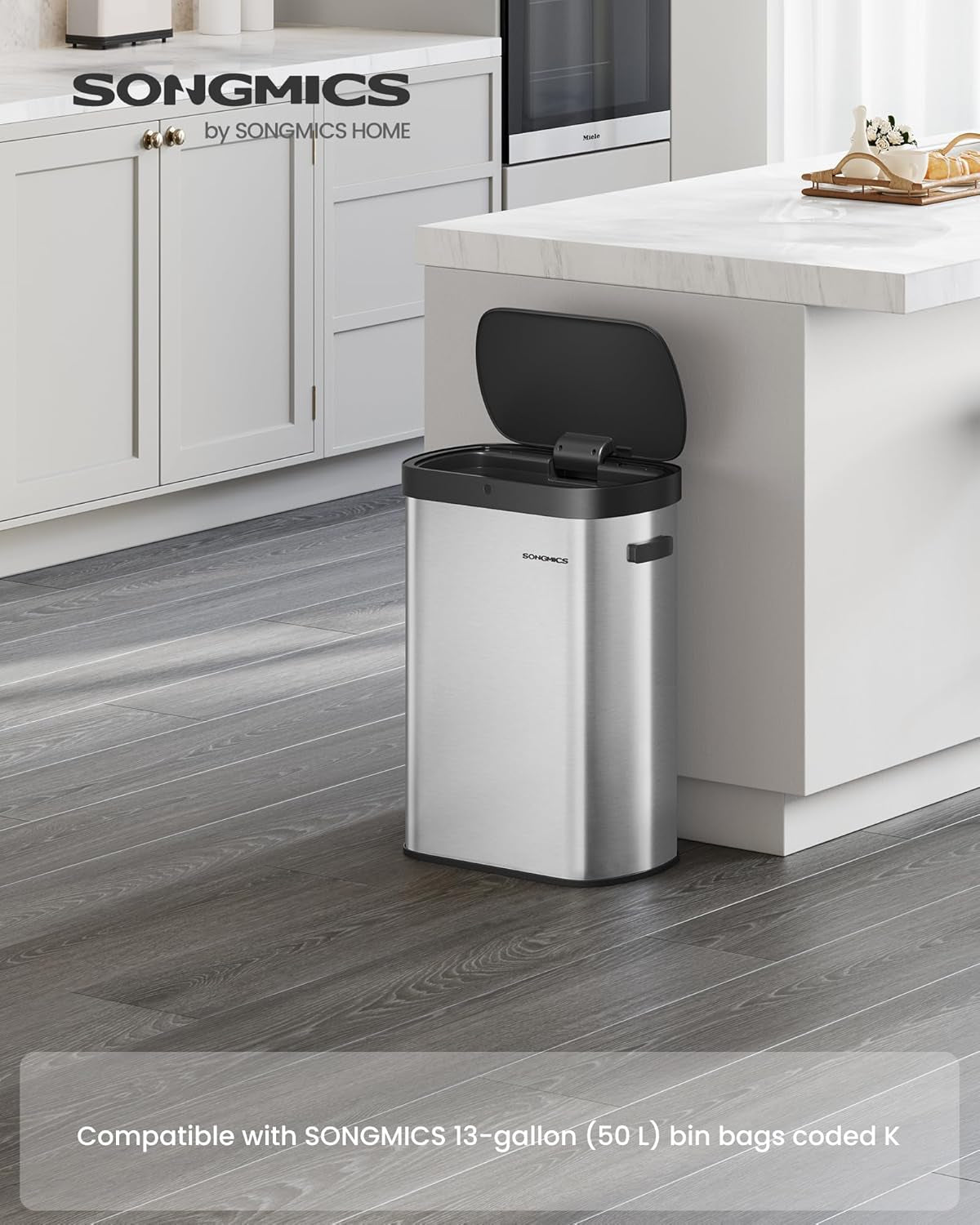 Motion Sensor Trash Can, 13-Gallon (50 L) Automatic Garbage Can with Soft Close Lid, Stainless Steel, Wave or Touch to Open, Includes 15 Bags, Metallic Silver and Ink Black ULTB640E01