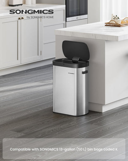 Motion Sensor Trash Can, 13-Gallon (50 L) Automatic Garbage Can with Soft Close Lid, Stainless Steel, Wave or Touch to Open, Includes 15 Bags, Metallic Silver and Ink Black ULTB640E01