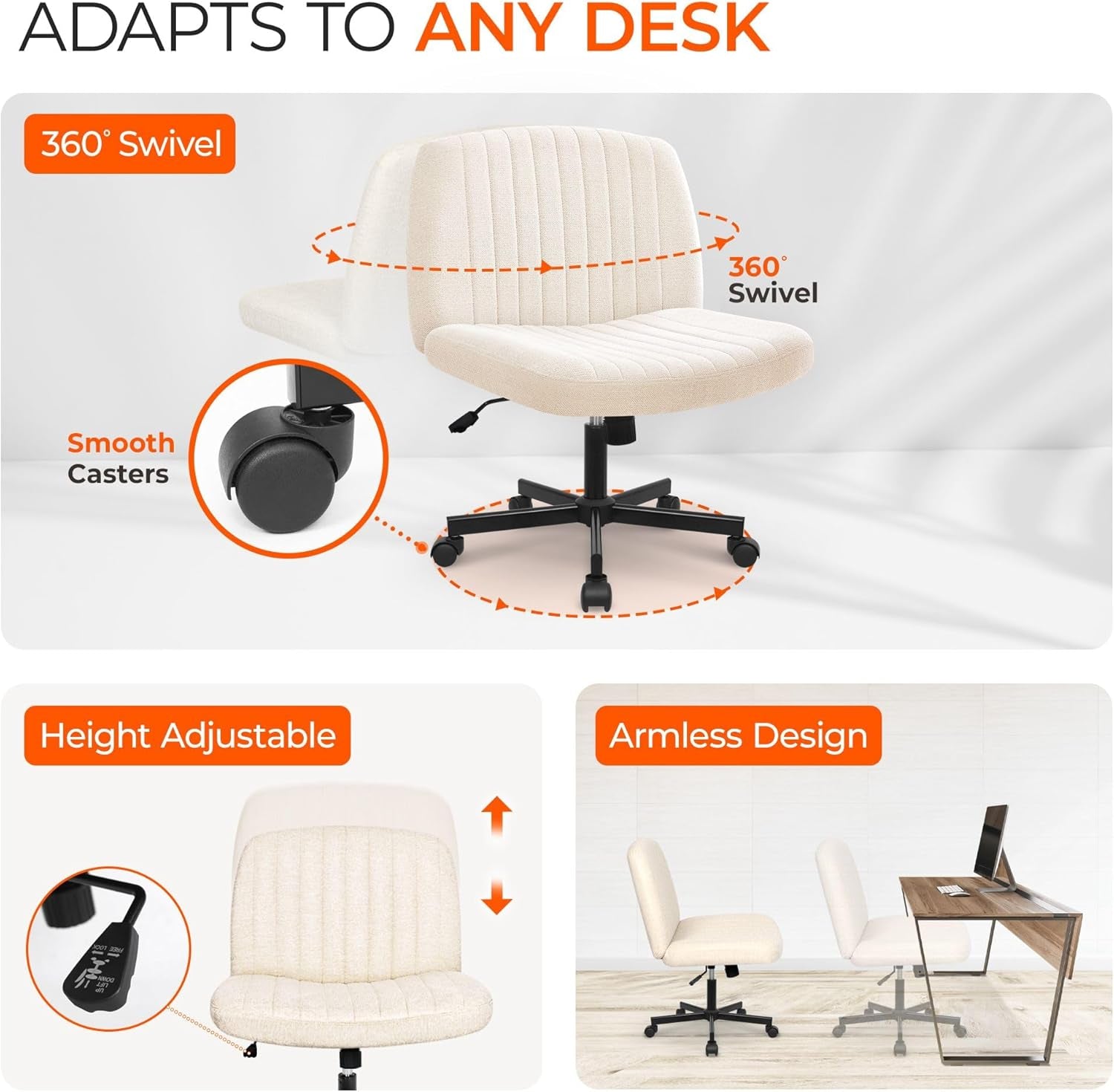 Criss Cross Chair Wheels Wide Cross Legged Office Desk Vanity Chair Comfy Fabric Armless Adjustable Swivel for Home Computer Task (Beige)