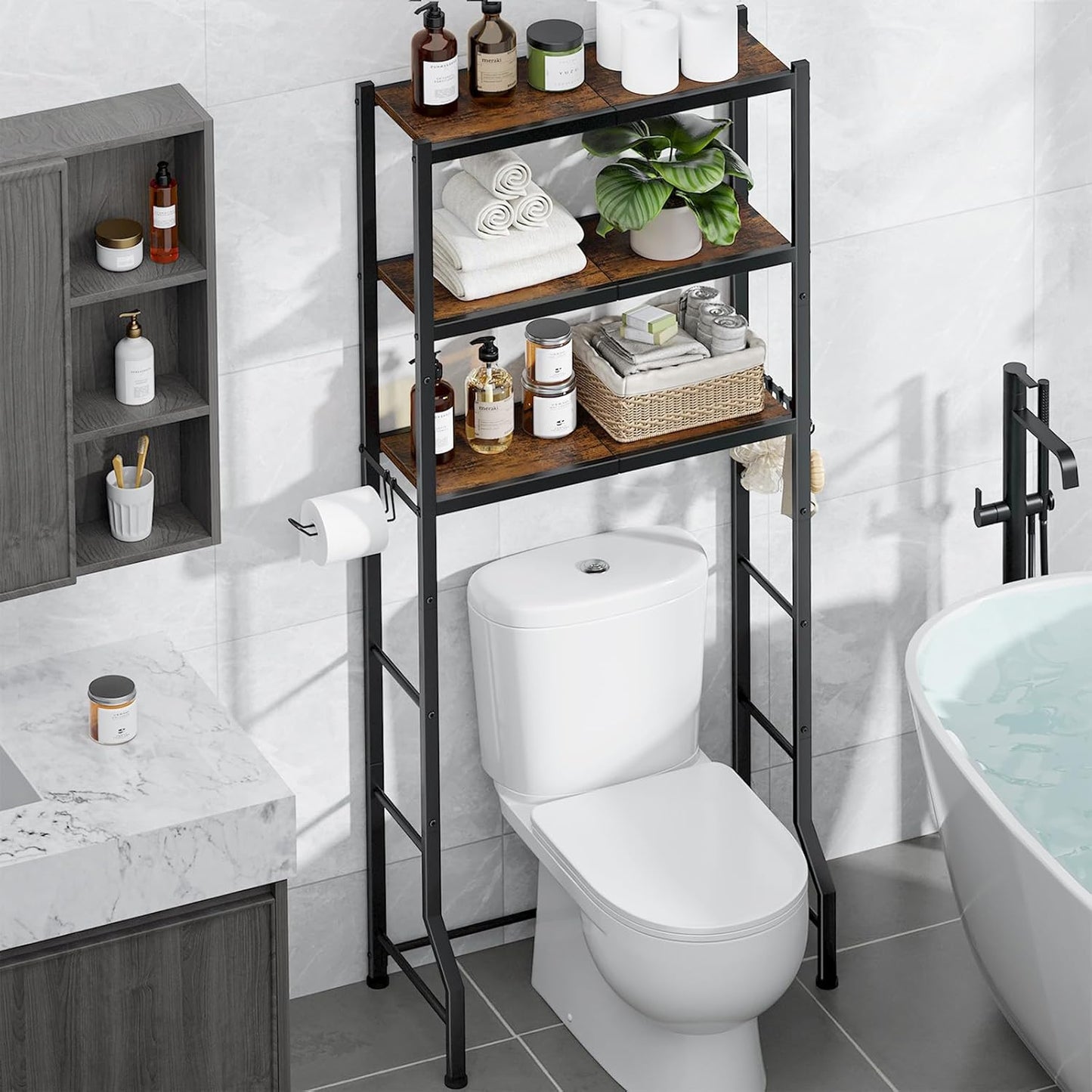 Over-The-Toilet Storage Rack - Freestanding over the Toilet Storage Cabinet with Paper Holder & Hooks, Bathroom Organizers and Storage, Brown + Black, 3 Tiers (61" H)