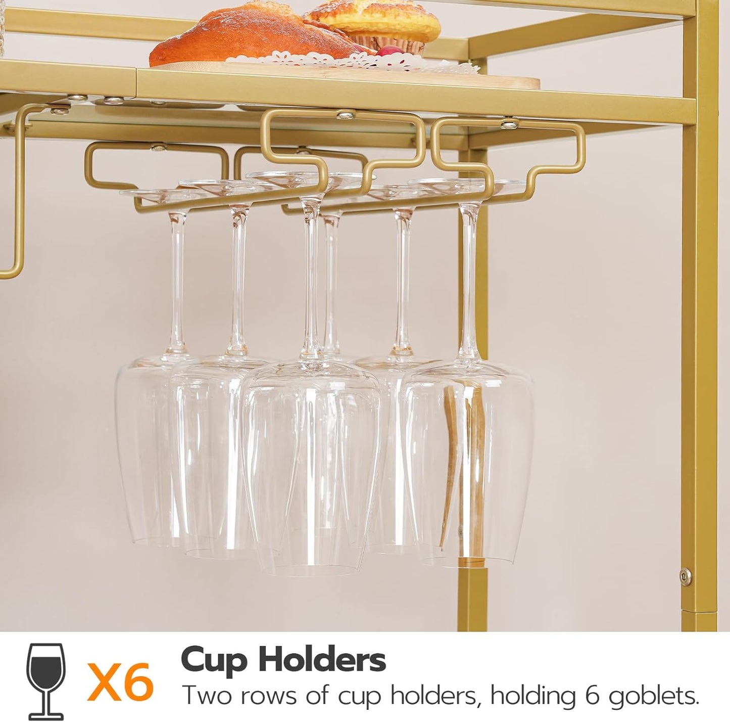 Bar Cart for the Home, 2-Tier Kitchen Cart with Wine Rack and Glass Holder, Serving Cart with Wheels and Guard Rails for Dining Room, Living Room, Party, Bar, Gold GD11TC01