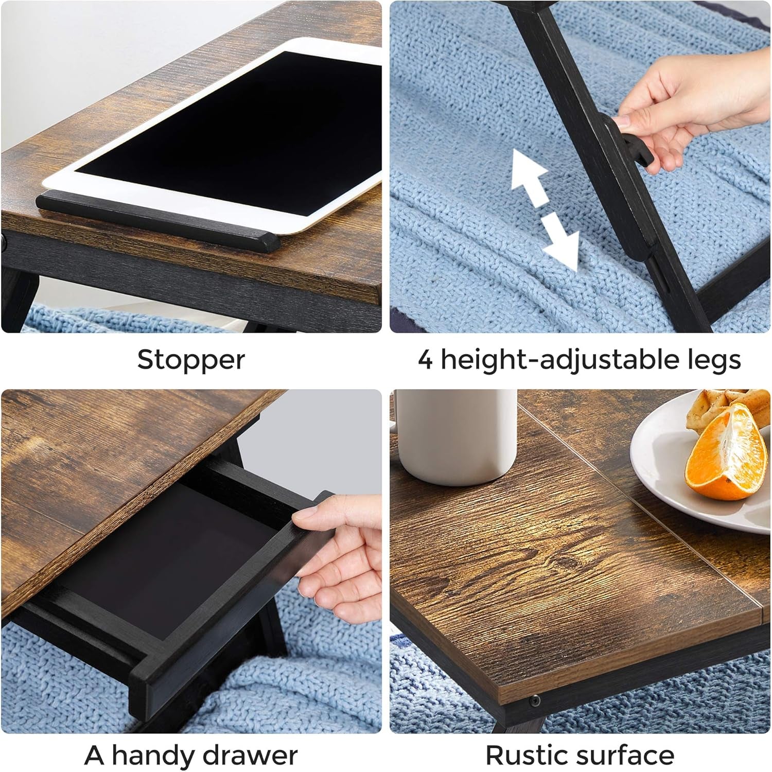 Laptop Desk, Bed Sofa Breakfast Tray, Adjustable Tilt Top, Right-Left Handed, Adjustable Folding Legs, Drawer, Rustic Dark Brown ULLD110B01