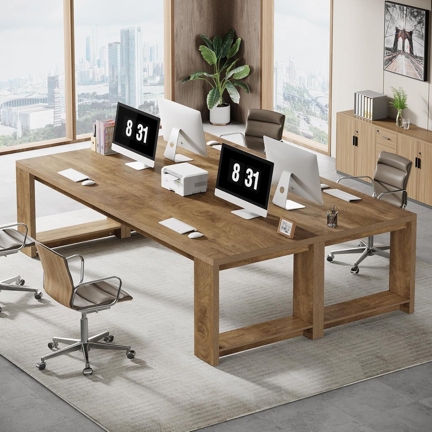 Two Person Desk, 86.6 Inches Extra Long Desk, Double Computer Writing Table, Wood Large Desks Workstation for Home Office, Natural Wood