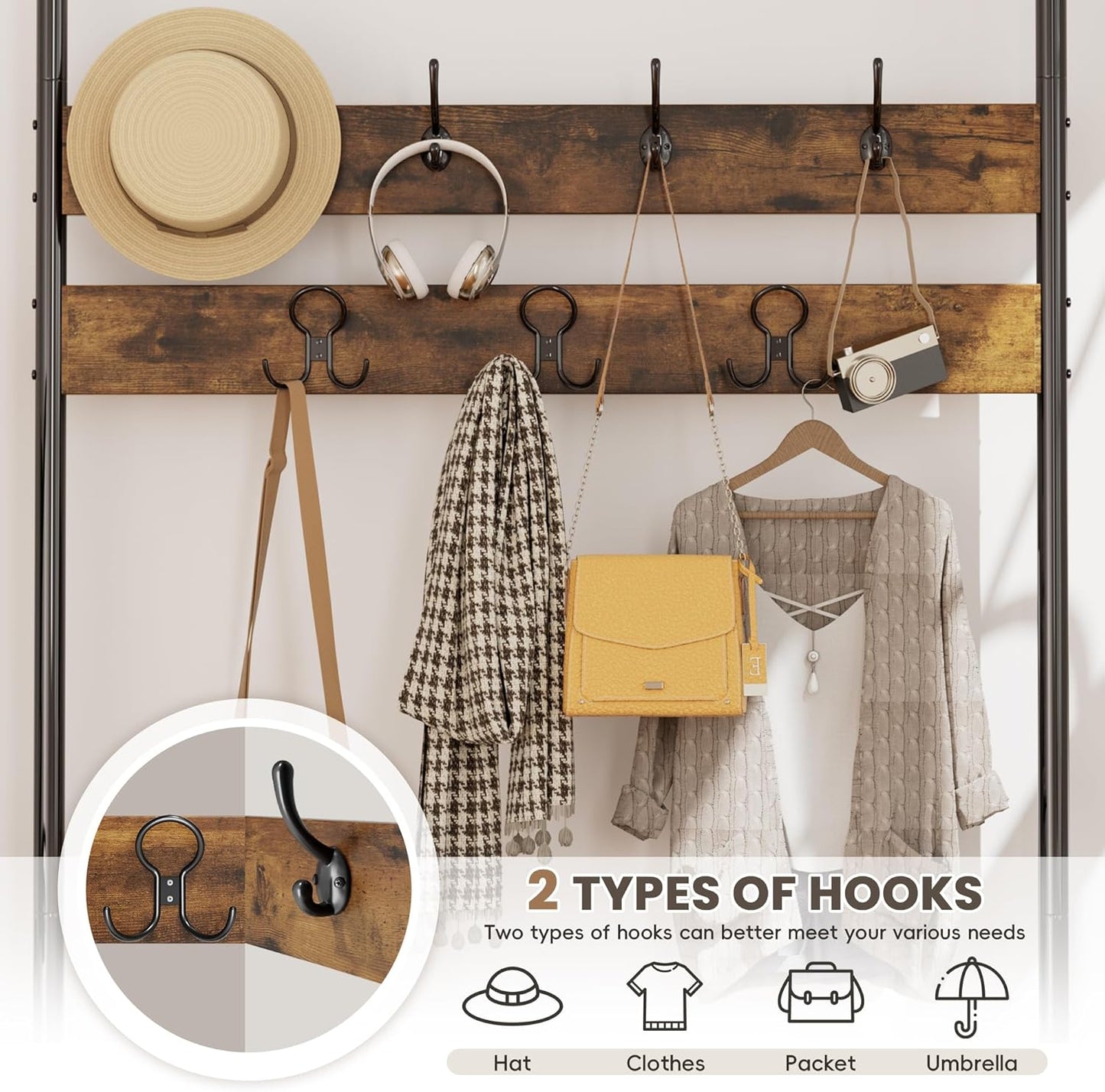 Hall Tree with Shoe Bench & Storage, Industrial Coat Rack Entryway Organizer, 7 Hooks with 10 Hanging Points, Rustic Brown, 39.9"X11.9"X72"