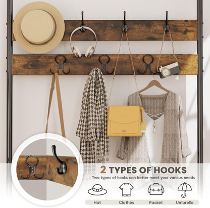 Hall Tree with Shoe Bench & Storage, Industrial Coat Rack Entryway Organizer, 7 Hooks with 10 Hanging Points, Rustic Brown, 39.9"X11.9"X72"