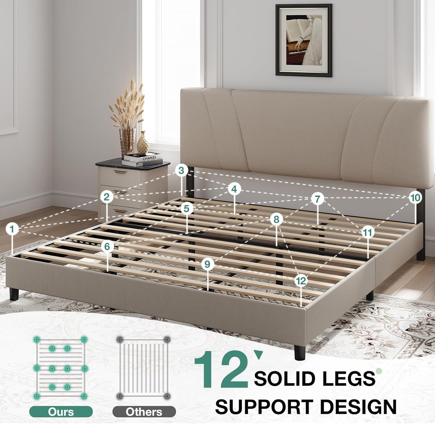 King Size Bed Frame with Adjustable Headboard Platform King Bed Frame Linen Fabric Upholstered Headboard, No Box Spring Needed, Noise-Free, Wooden Slats Support, Easy Assembly, Beige
