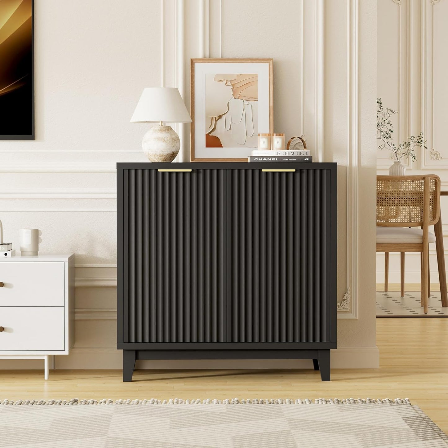 Fluted Cabinet with Storage, 2 Doors Sideboard Buffet, Mid Century Modern Accent Cabinet with Adjustable Shelves, Multifunctional Console Table with Storage for Living Room, Kitchen, Entryway