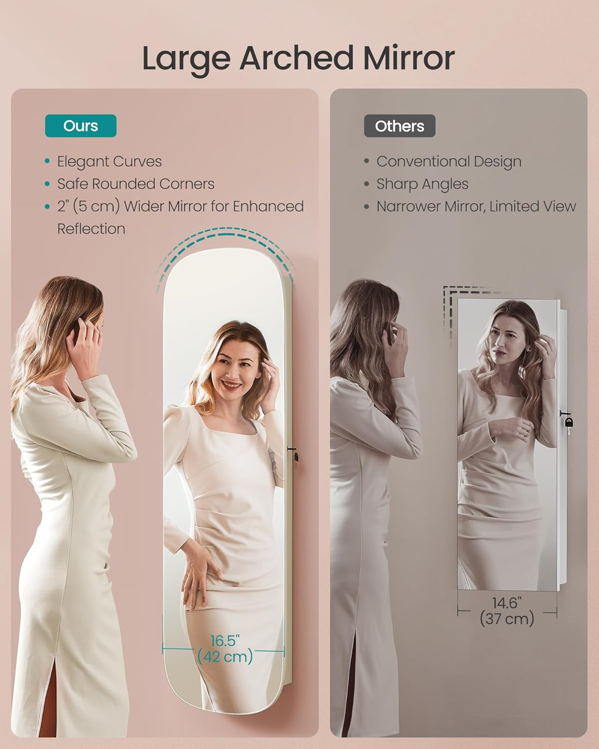 Jewelry Organizer, LED Jewelry Cabinet Wall/Door Mounted, Lockable Rounded Wide Mirror with Storage, Interior Mirror, 3.9 X 16.5 X 55 Inches, White Surface with Greige Lining
