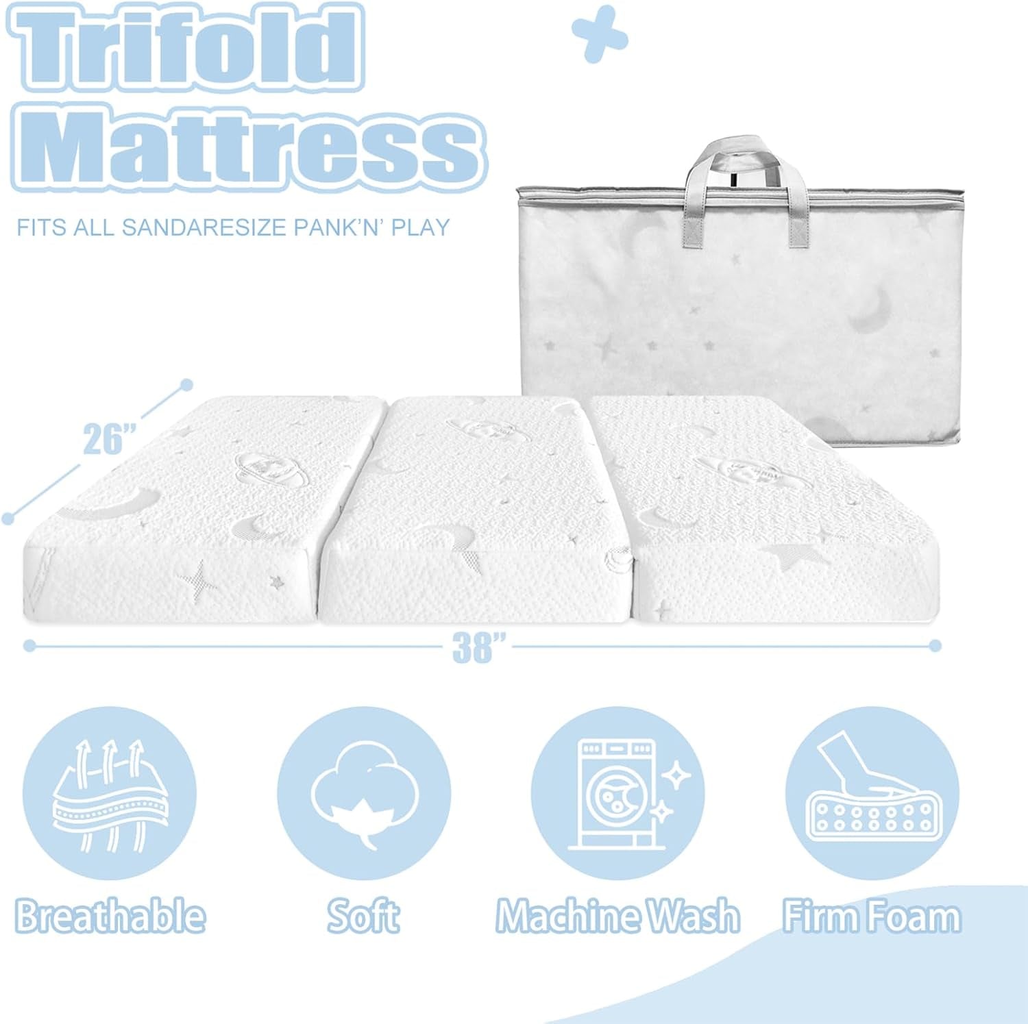 Tri-Fold Pack and Play Mattress, 38X26 Memory Foam & High Density Foam Baby Mattress for Pack N Play, Foldable Travel Pack N Play Mattresses Pad for Baby and Toddlers, Breathable & Washable