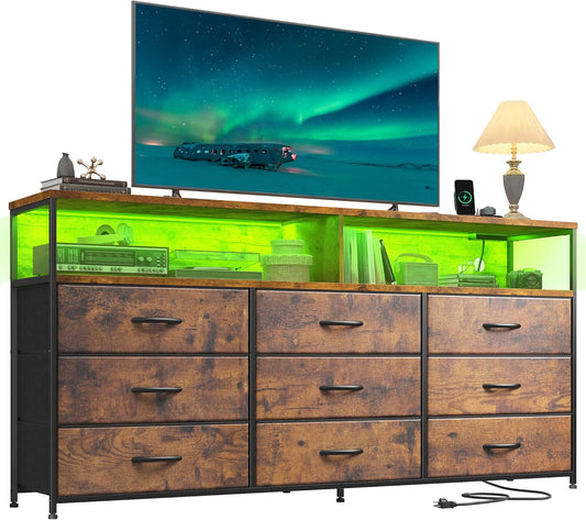55" W Dresser for Bedroom with 9 Drawers, LED TV Stand with Power Outlets for 45, 55, 65 Inch TV, Sturdy Long Chest of Drawers with Extra 2 Wooden Shelves, Rustic Brown