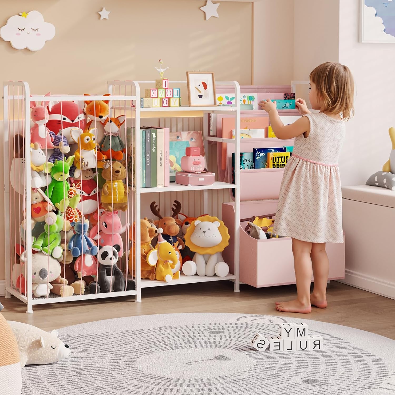 3In1 Stuffed Animal Storage Organizer - Toy Storage with Kids Bookshelf & Large Plushies Holder for Kids Room - Multi-Functional Furniture for Nursery, Bedroom, and Playroom, Pink