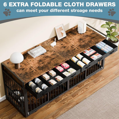 86.6" Large Double Dog Crate Furniture,Heavy Duty Metal Frame Dog Crate Kennel Sliding Doors,Chew-Resistant Dog Kennel for 2 Dogs with Bowls&Divider&Drawers Indoor