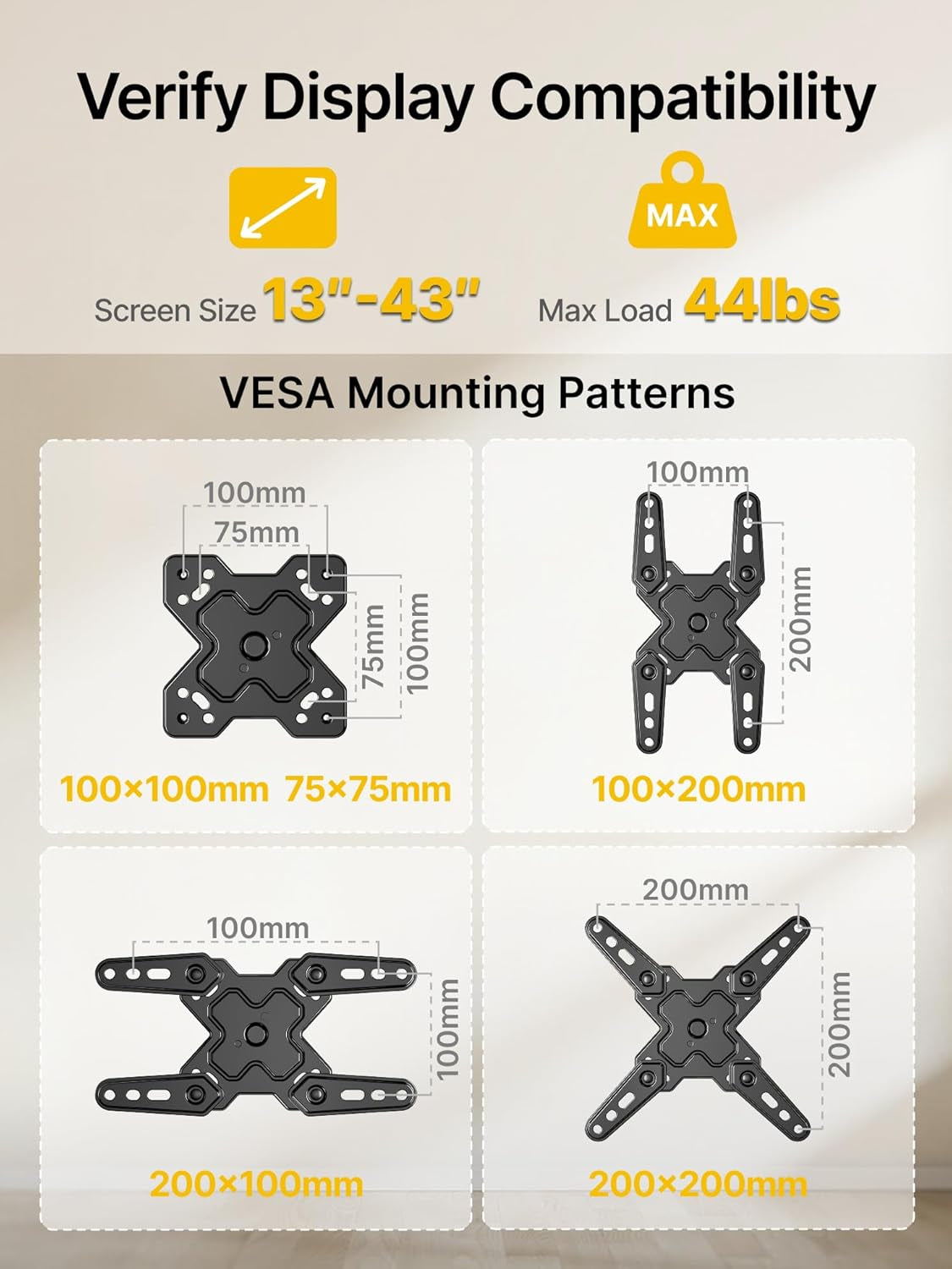 Full Motion TV Wall Mount Bracket for Most 13-43 Inch LED LCD Flat Screen Tvs & Monitors, Swivel Tilt Extension Rotation with Articulating Arms, TV Mount Max VESA 200X200Mm, up to 44Lbs