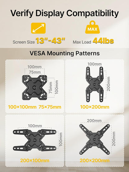 Full Motion TV Wall Mount Bracket for Most 13-43 Inch LED LCD Flat Screen Tvs & Monitors, Swivel Tilt Extension Rotation with Articulating Arms, TV Mount Max VESA 200X200Mm, up to 44Lbs