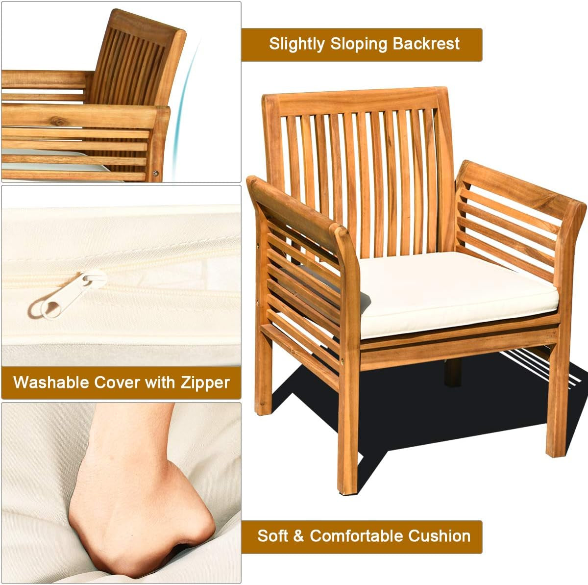 4 Piece Outdoor Acacia Wood Sofa Set with Water Resistant Cushions, Padded Patio Conversation Table Chair Set W/Coffee Table for Garden, Backyard, Poolside (1)