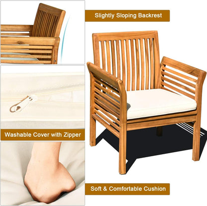 4 Piece Outdoor Acacia Wood Sofa Set with Water Resistant Cushions, Padded Patio Conversation Table Chair Set W/Coffee Table for Garden, Backyard, Poolside (1)