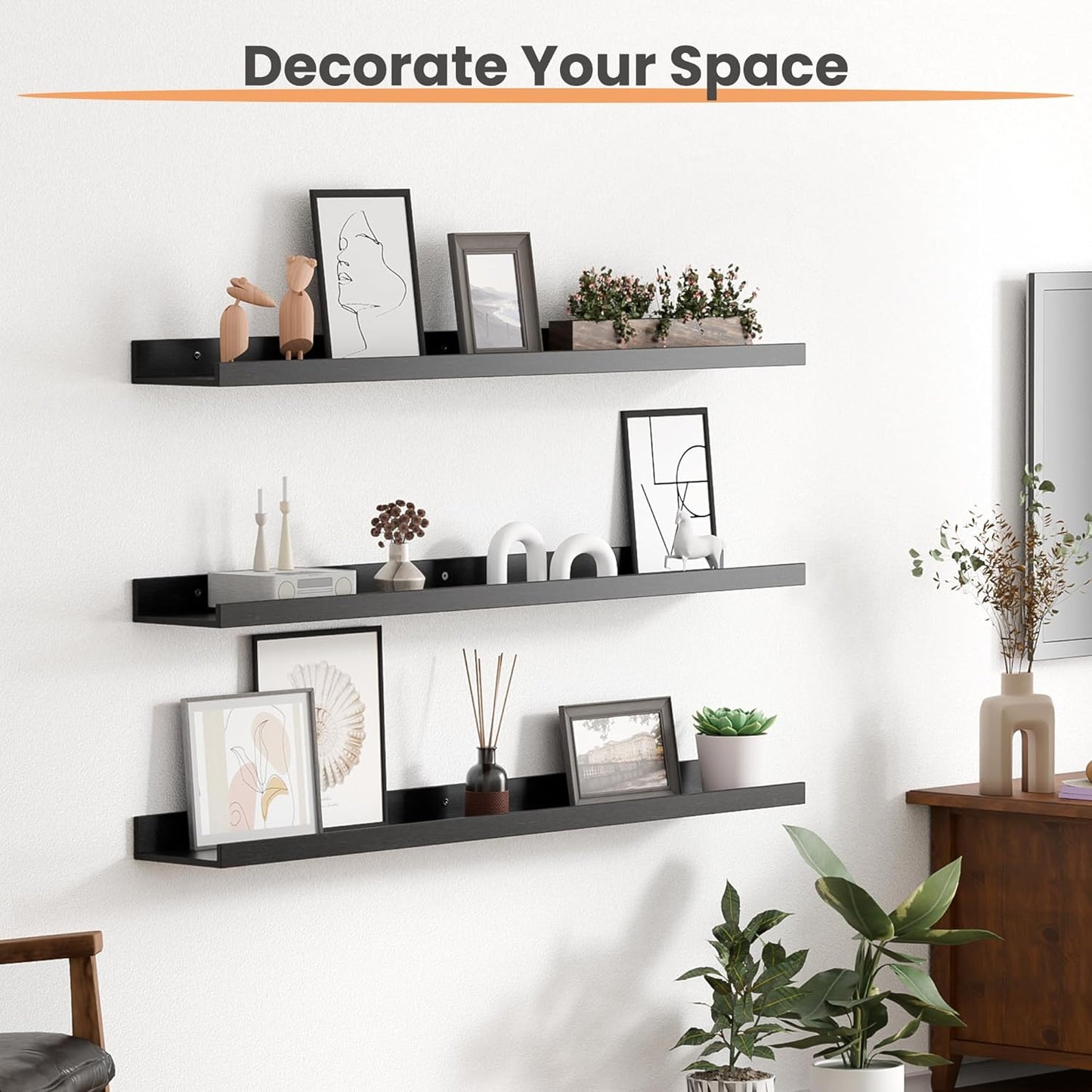 Floating Shelves for Wall, 35.5 Inch Shelves for Decor Storage Set of 6, Wall Mounted Wood Shelf for Bedroom, Living Room, Bathroom, Kitchen, Long Picture Ledge Shelves, Black