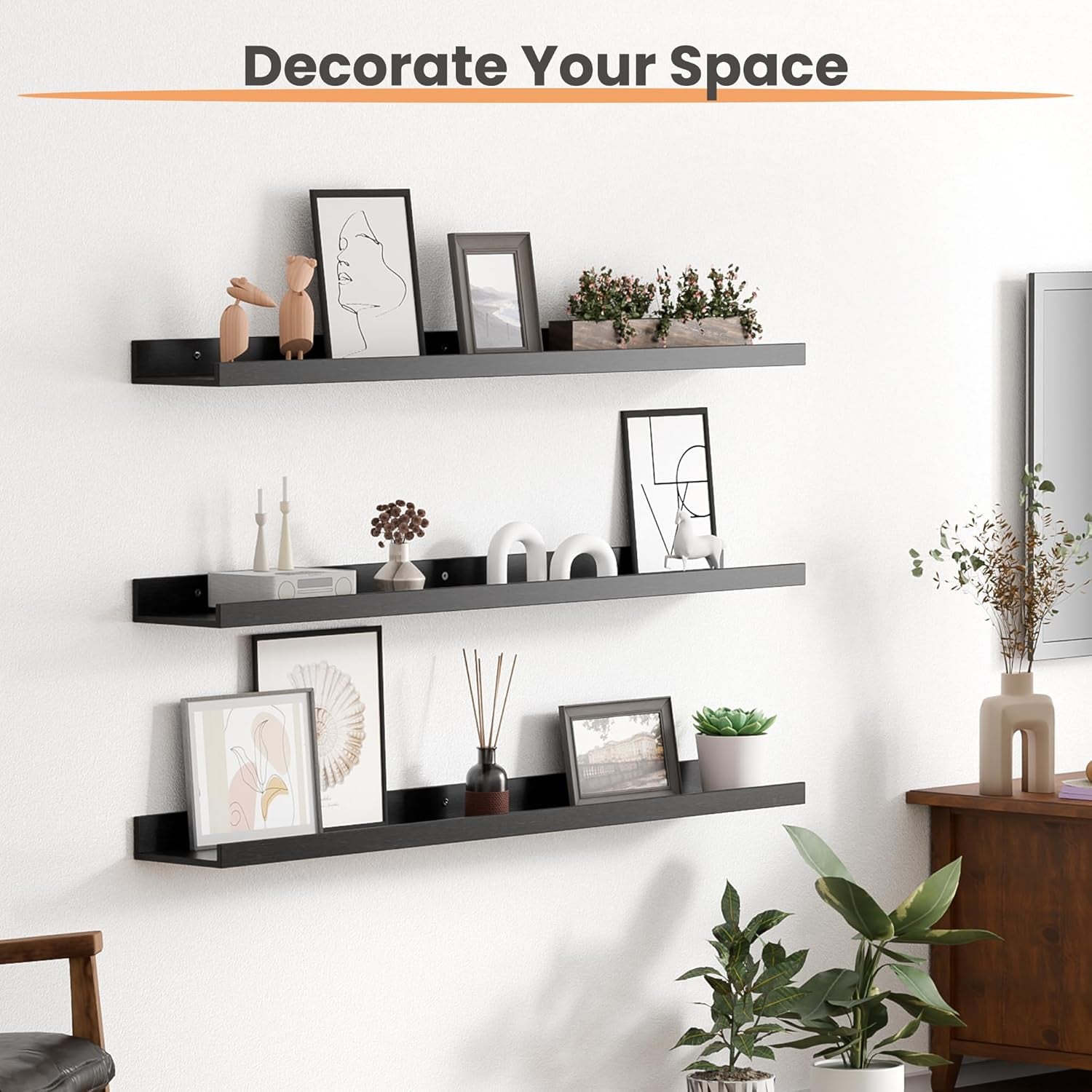 Floating Shelves for Wall, 35.5 Inch Shelves for Decor Storage Set of 6, Wall Mounted Wood Shelf for Bedroom, Living Room, Bathroom, Kitchen, Long Picture Ledge Shelves, Black
