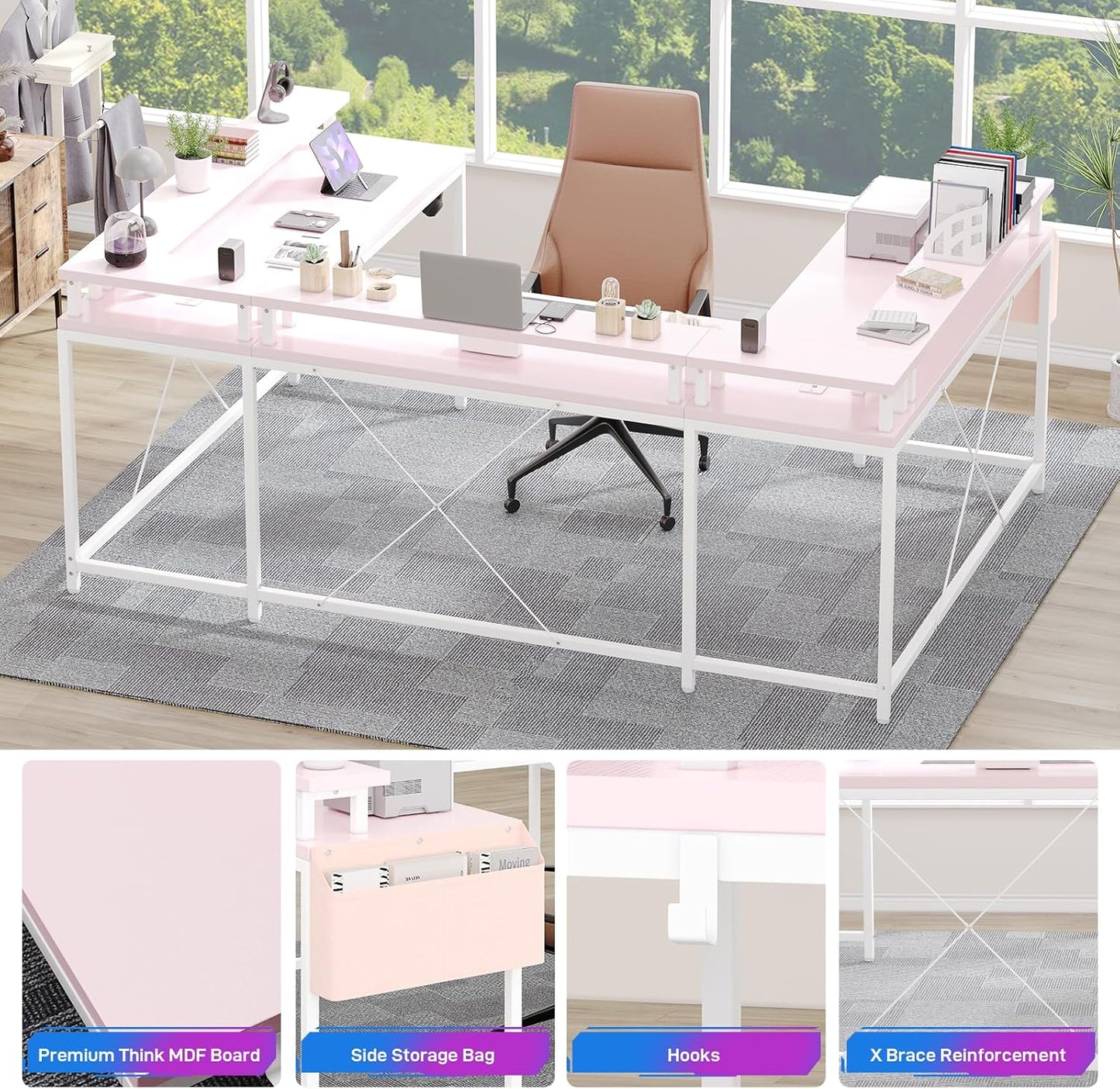 U-Shaped Computer Desk with Power Outlets & LED Lights 79 Inch Reversible L-Shaped Office Workstation, Full Monitor Stand, Spacious Corner Table for Home Office, Black