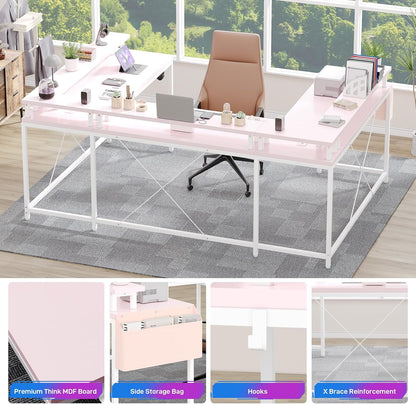 U-Shaped Computer Desk with Power Outlets & LED Lights 79 Inch Reversible L-Shaped Office Workstation, Full Monitor Stand, Spacious Corner Table for Home Office, Black