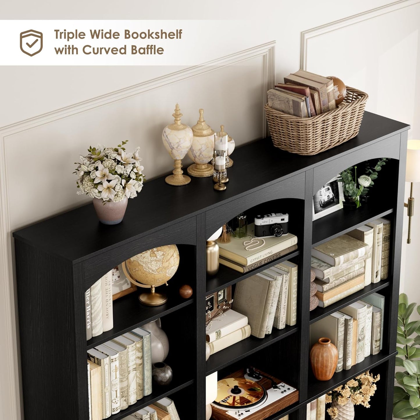 71" Triple Wide Bookshelf, 6 Tier Tall Bookshelf, Large Book Shelf with Curved Baffle, 63.4" Wide Bookcase with 18 Open Display Shelves for Living Room, Study, Black