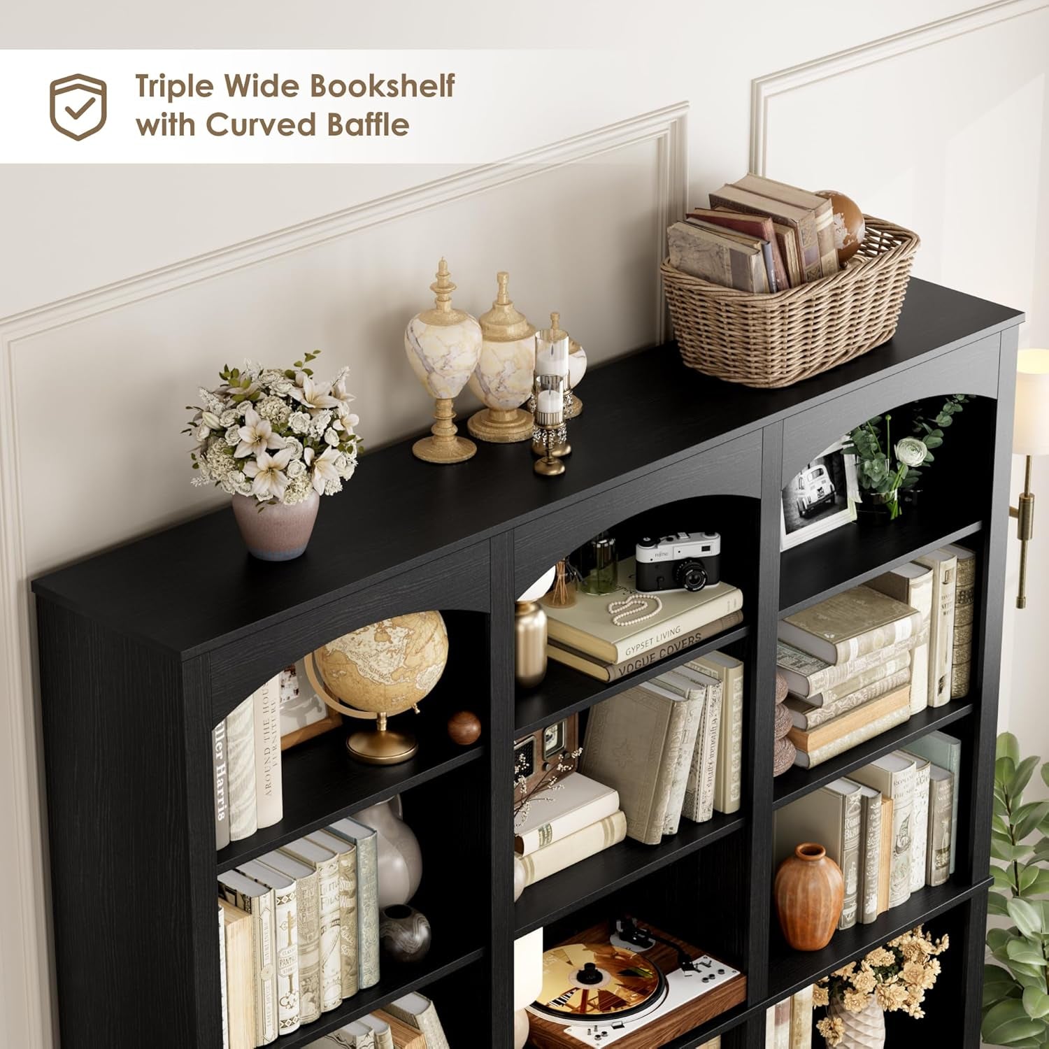71" Triple Wide Bookshelf, 6 Tier Tall Bookshelf, Large Book Shelf with Curved Baffle, 63.4" Wide Bookcase with 18 Open Display Shelves for Living Room, Study, Black