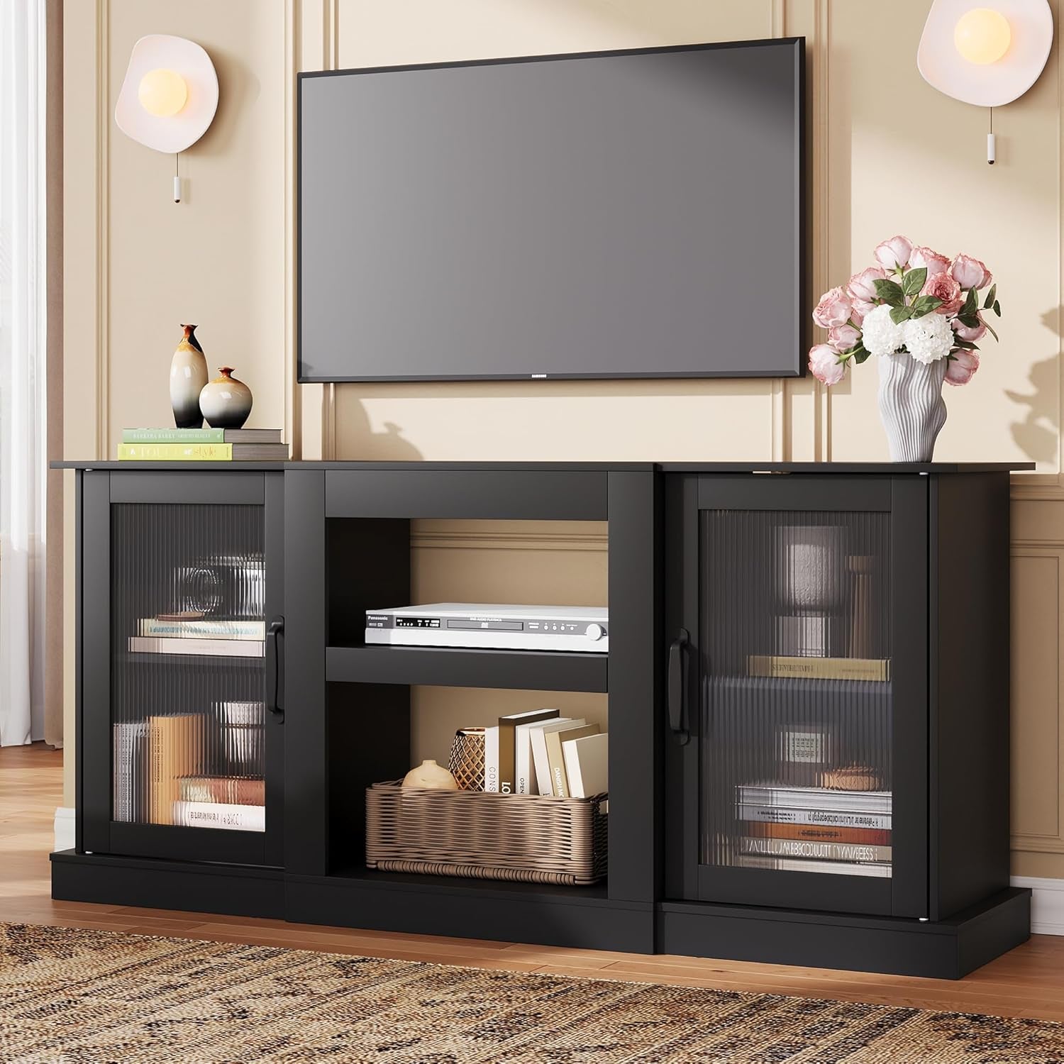 Farmhouse TV Stand for 65 Inch TV, 58" Entertainment Center with Storage Cabinets, Open Shelves TV Console for Living Room and Bedroom, Black