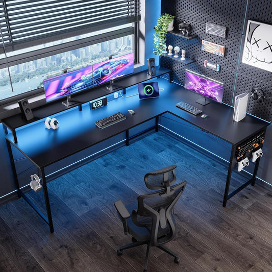 64 Inch L Shaped Gaming Desk with Power Outlets and Led Lights, Large Corner Computer Desk with Monitor Stand and Pegboard, PC Table for Home Office and Bedroom Black